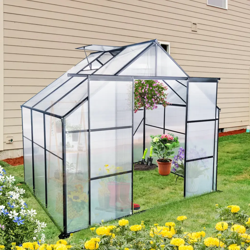 8X6Ft Black Double Door Polycarbonate Greenhouse Raised Base and Anchor w-540 wwc