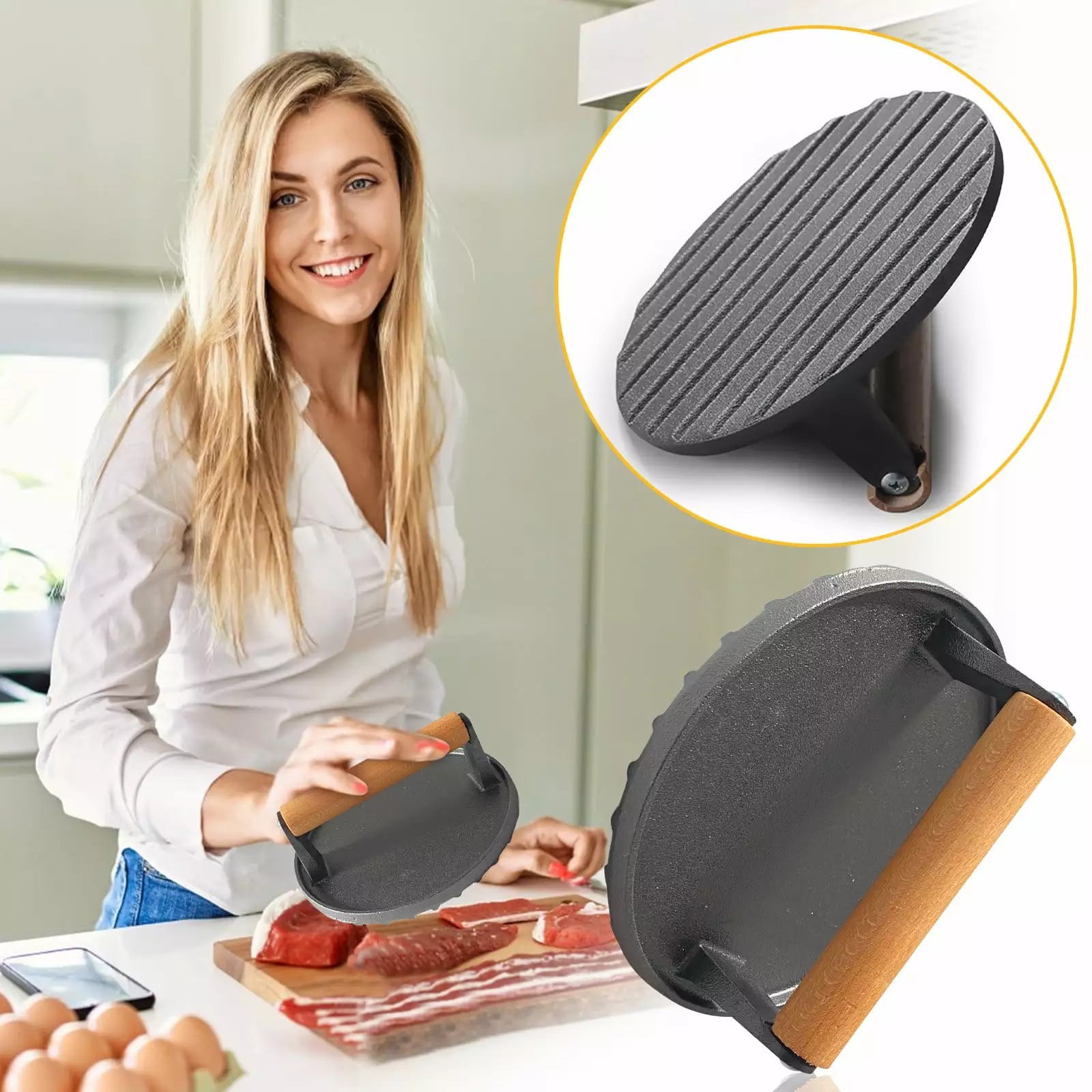 Donemore Circular Striped Meat Griddle Press Grill Meat Press Beech Handle Non Stick Cooked Steak Bacon Burger Free