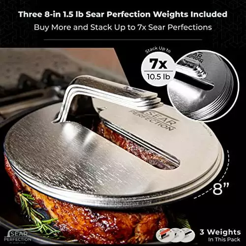 3x Sear Perfection Stackable Steak Weight 4.5lb Total Chef Grade Stainless Steel Round Stacking Grill Press Meat 3