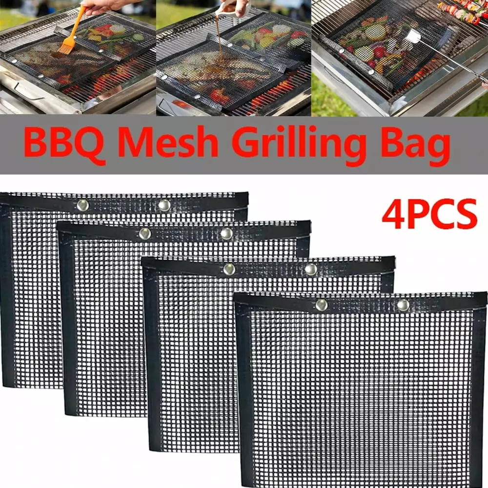 4 Pack Reusable Non-Stick BBQ Mesh Grilling Bags Snap Button Outdoor Cooking Vegetables Seafood Meat 8.66x10.63 Inches 8