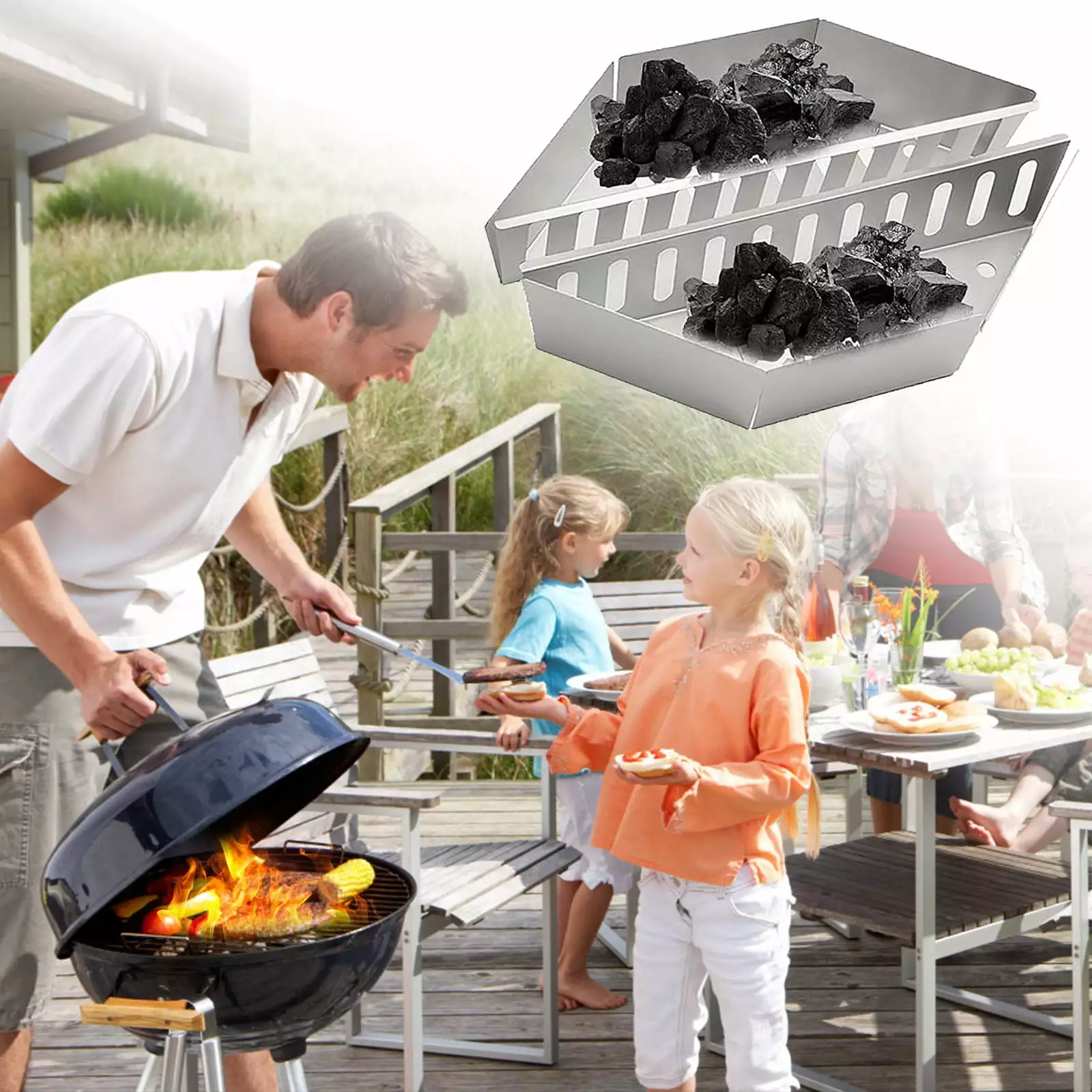 Ckraxd Stainless Steel Charcoal Grilling Basket Set Kettle Grills Heat Resistant BBQ Tool 14