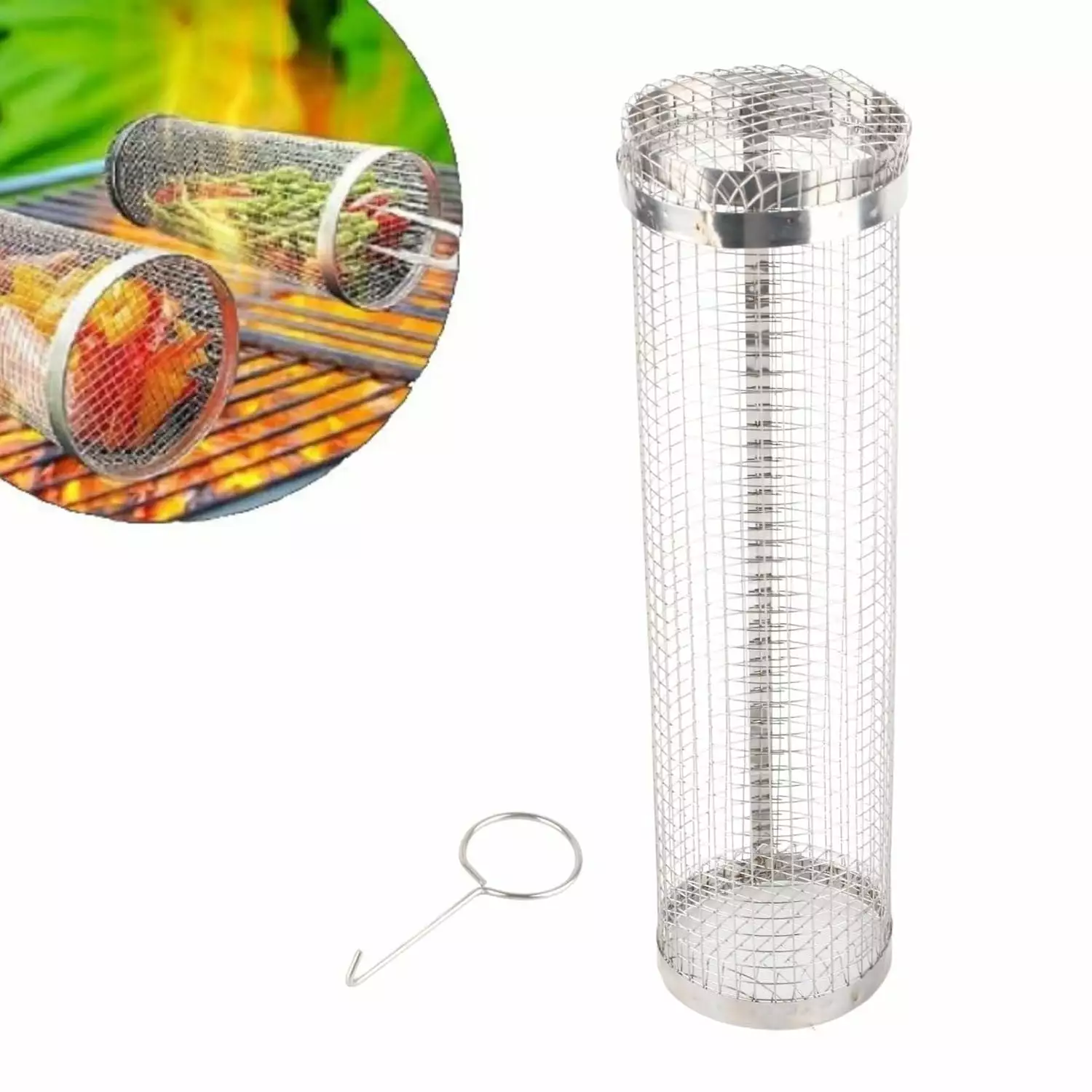 Rolling Grilling Baskets Stainless Steel BBQ Net Tube Vegetables Meat Fish Camping