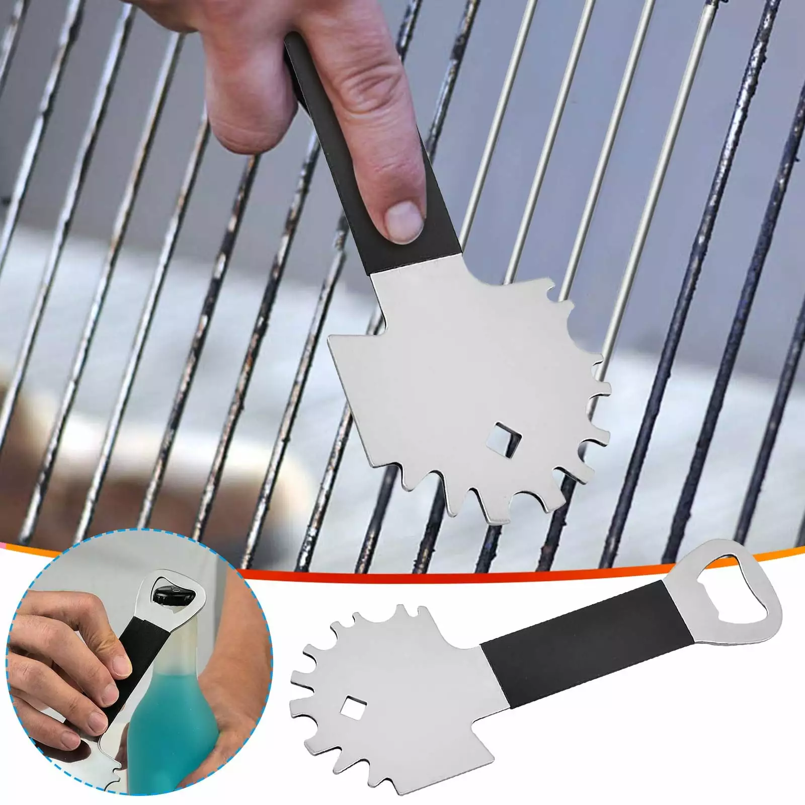 TERGAYEE Grill Scraper and Rescue Brush Beer Bottle Opener - Bristle Free Stainless Steel BBQ Cleaner Tool