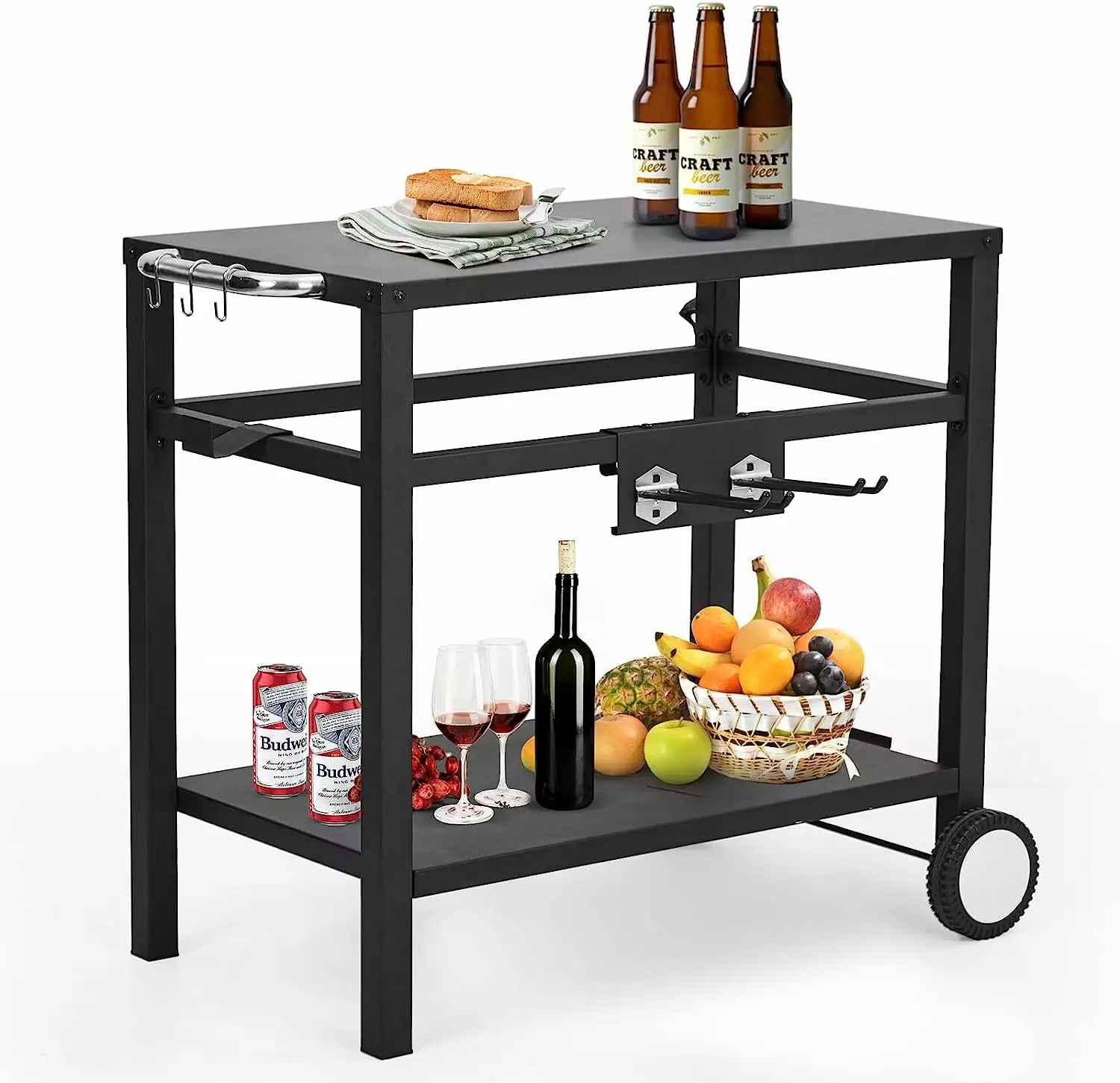 EastVita Outdoor Grill Cart Pizza Oven Stand BBQ Prep Table Wheels Double-Shelf Grilling Cart Bar Patio Camping Foundry