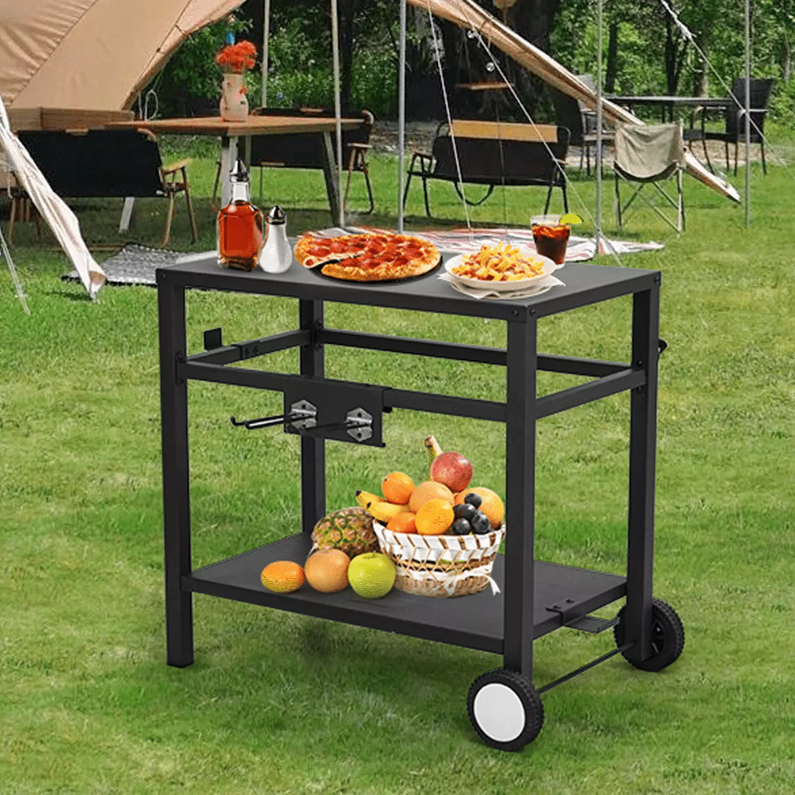 BBQ Grill Cart Indoor Outdoor 2-Shelf Movable Food Prep Table Hooks and Side Handle