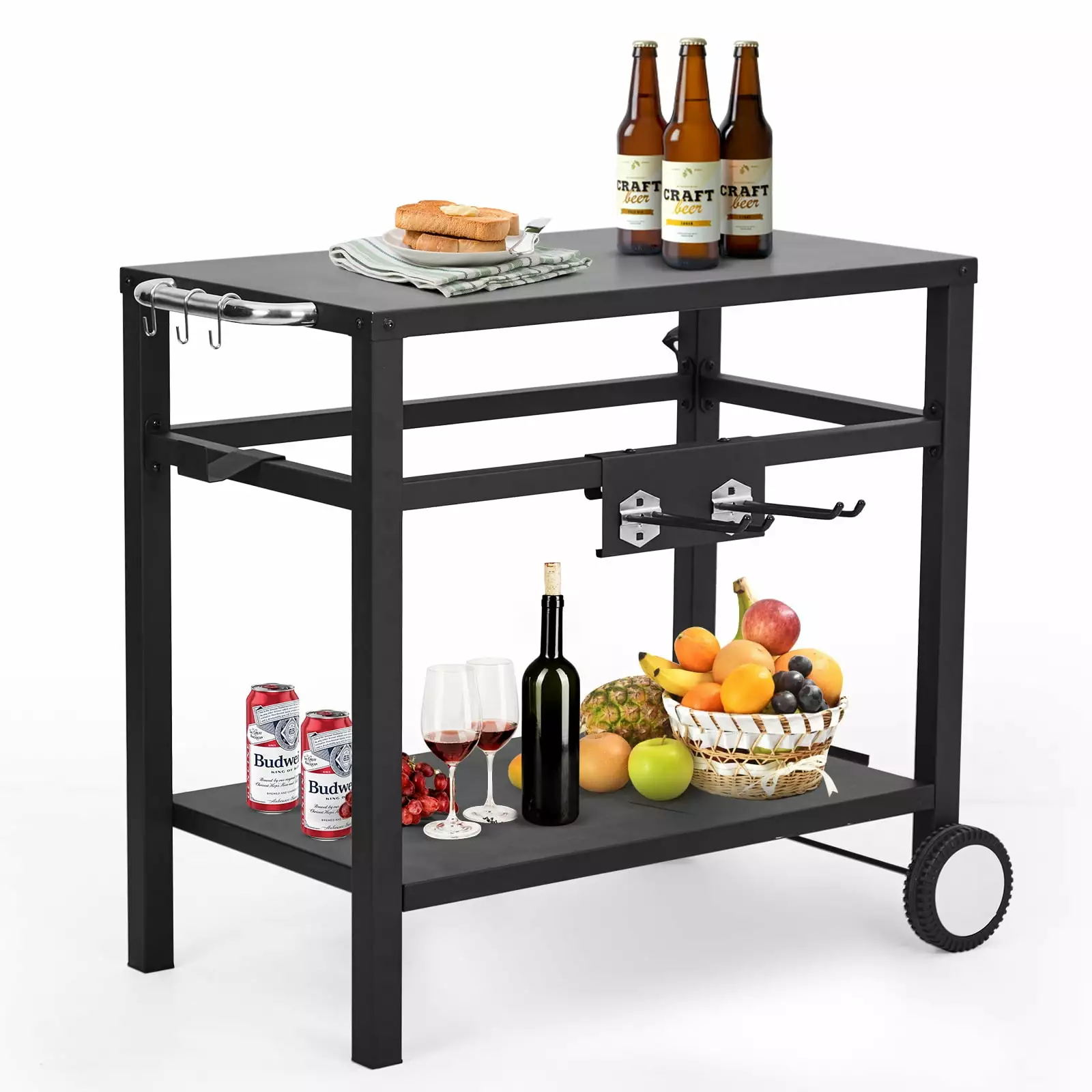DSstyles Bar Cart Outdoor Grill Cart Pizza Oven Stand BBQ Prep Table Wheels Hooks Side Handle Black
