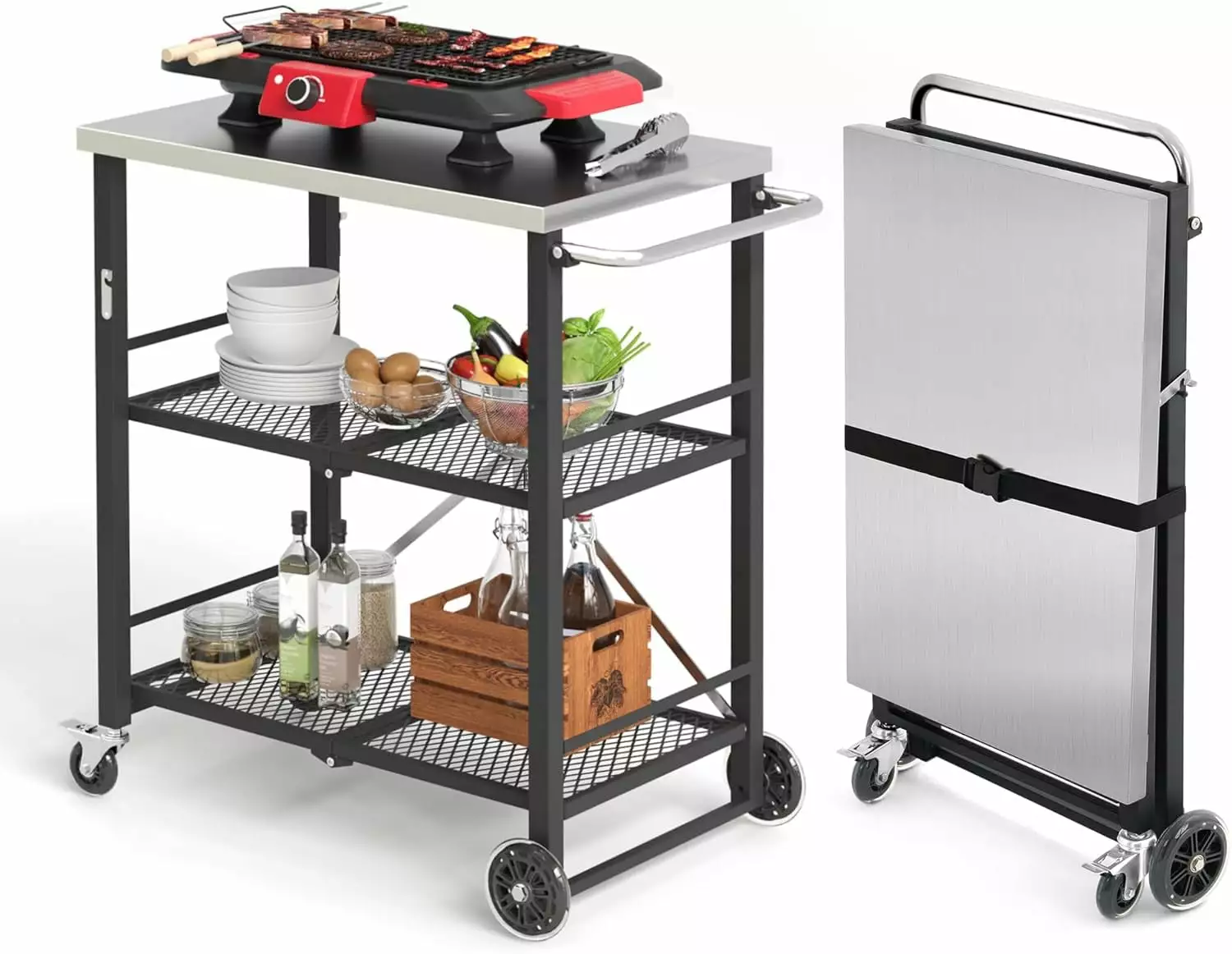 LUE BONA Foldable Outdoor Grill Cart Movable 3 Tiers Grill Table Stainless Steel 33.8 Inches Black Stainless