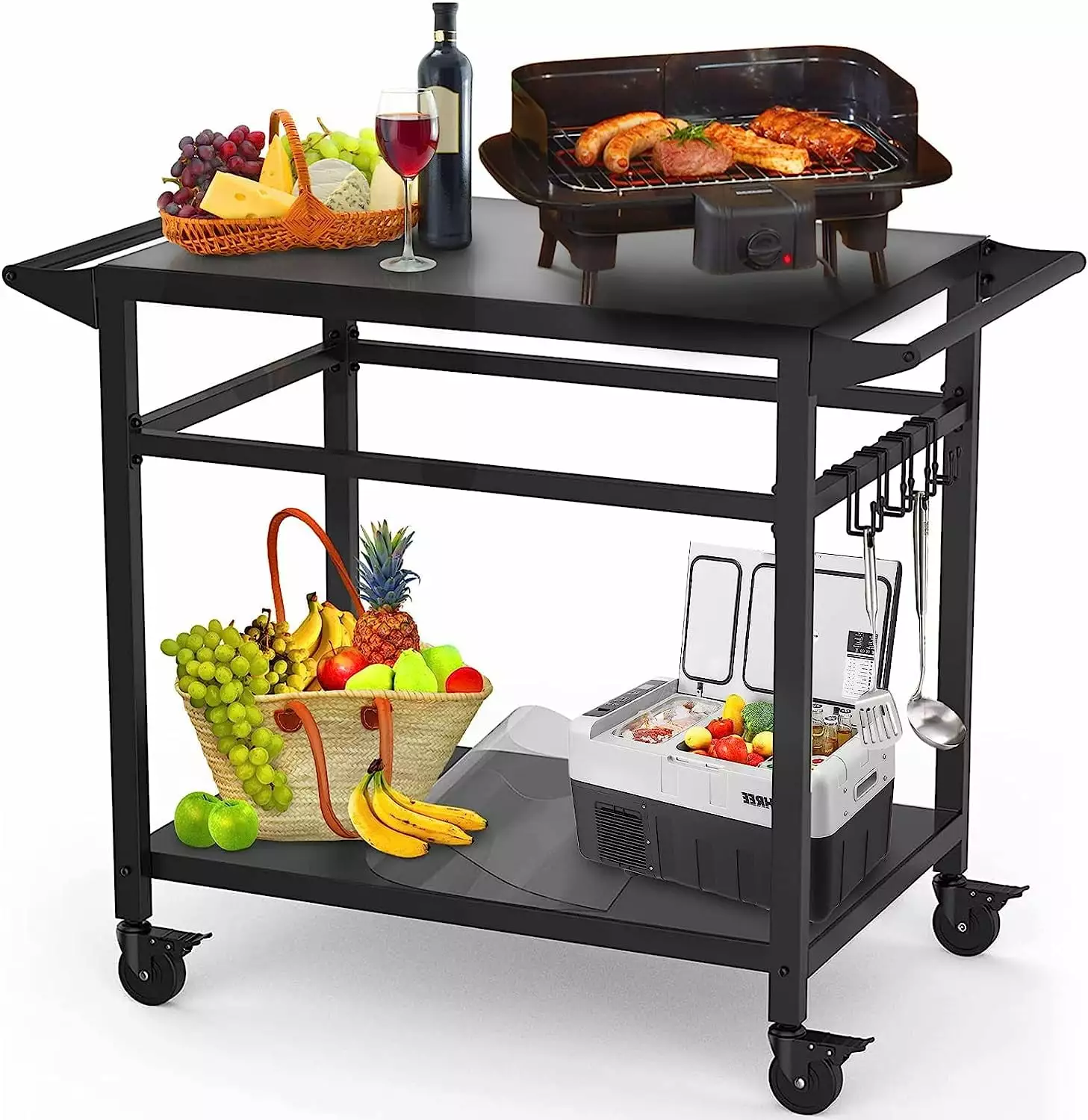 RAXSINYER Movable Grill Table Double-Shelf Outdoor BBQ Grill Cart Rolling Kitchen Dining Cart Black