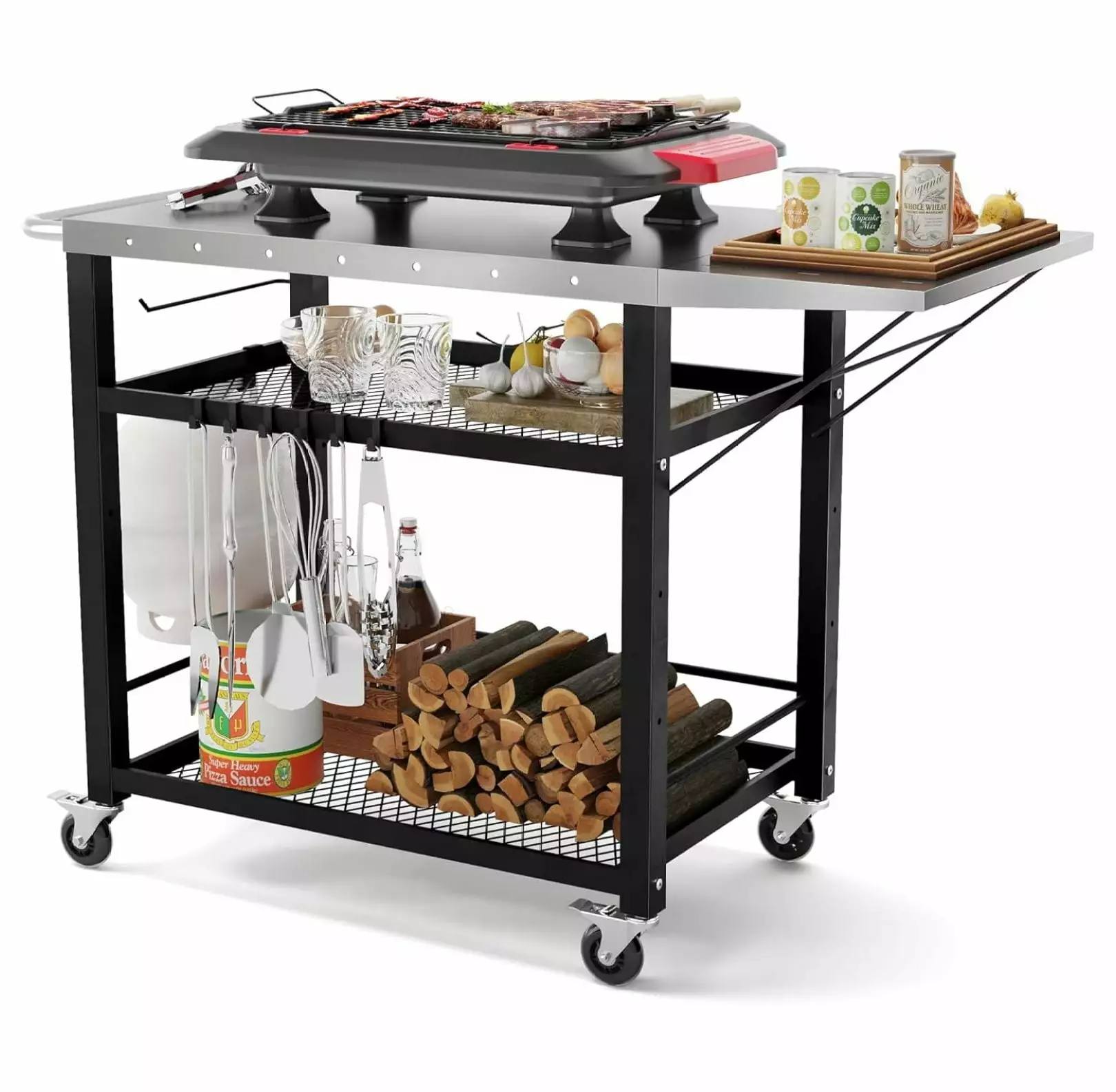 Saney 43.3 W x 19.7 D Outdoor Grill Cart Table Foldable Side Table Movable Pizza Oven Stand Three-Shelf Stainless Steel