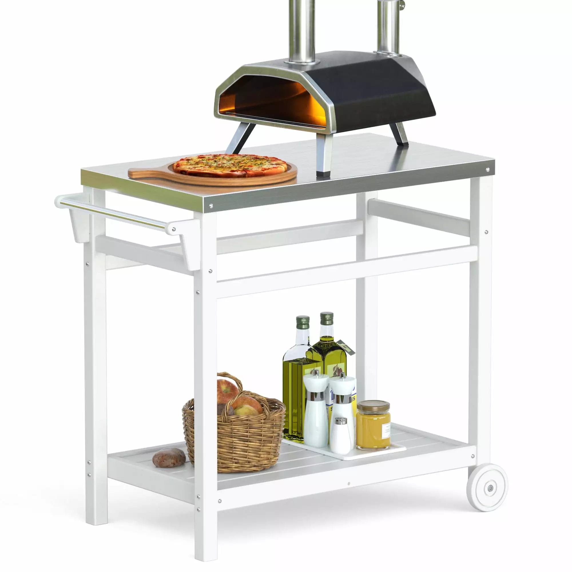 TORVA Outdoor Prep Cart Dining Table Pizza Oven Patio Grilling Backyard BBQ Grill Cart White