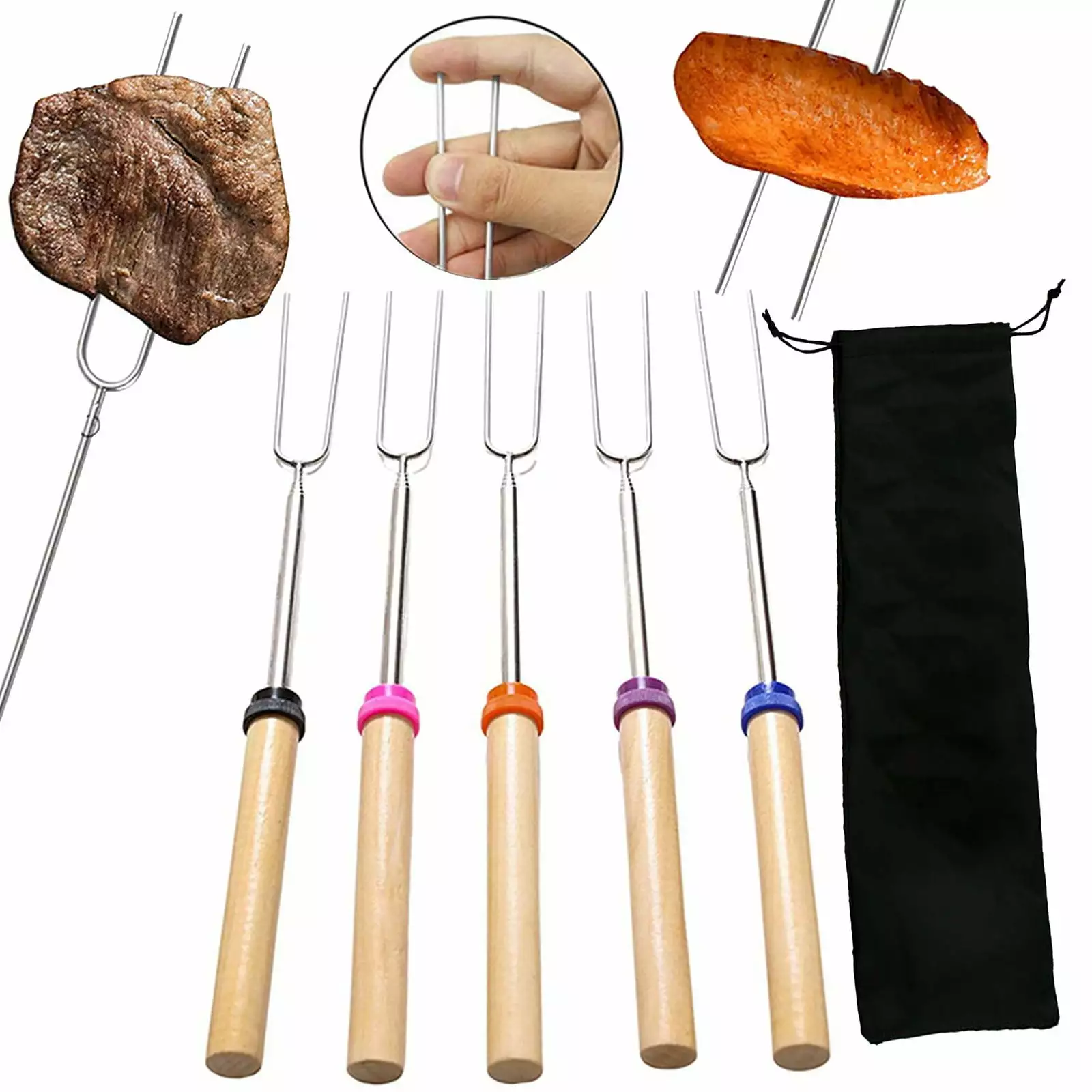 DALLtif Barbecue Forks 5 Pack Extendable Roasting Sticks Telescoping Smores Skewers Hot Dog Forks One
