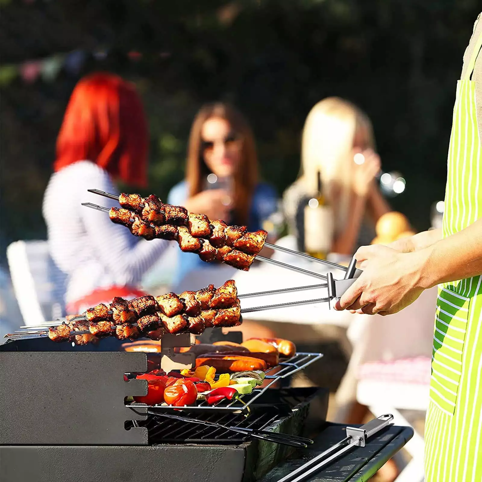 Sueyeuwdi Stainless Steel Semi Automatic Barbecue Fork Outdoor Travel-friendly Grill Gifts Men One