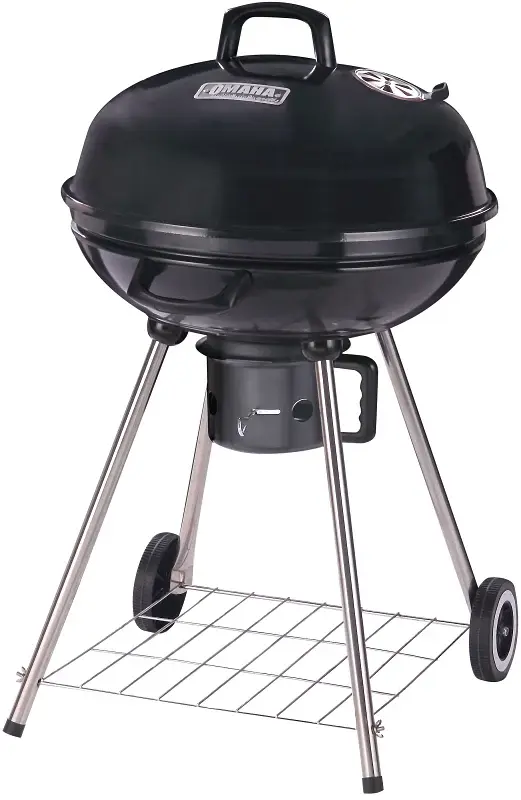 Weather-Resistant Commercial Omaha DFKP22443L Charcoal Kettle Grill, 2-Grate, 397 sq- Primary Cooking Surface, Black, Chro...