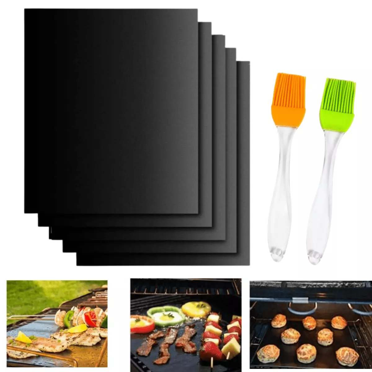 Grill Mat Set 5 BBQ Mat Barbecue Mats 5+2 Pcs Pastry Brush Heavy Duty Reusable Easy to Clean Grill Mats Outdoor Grill