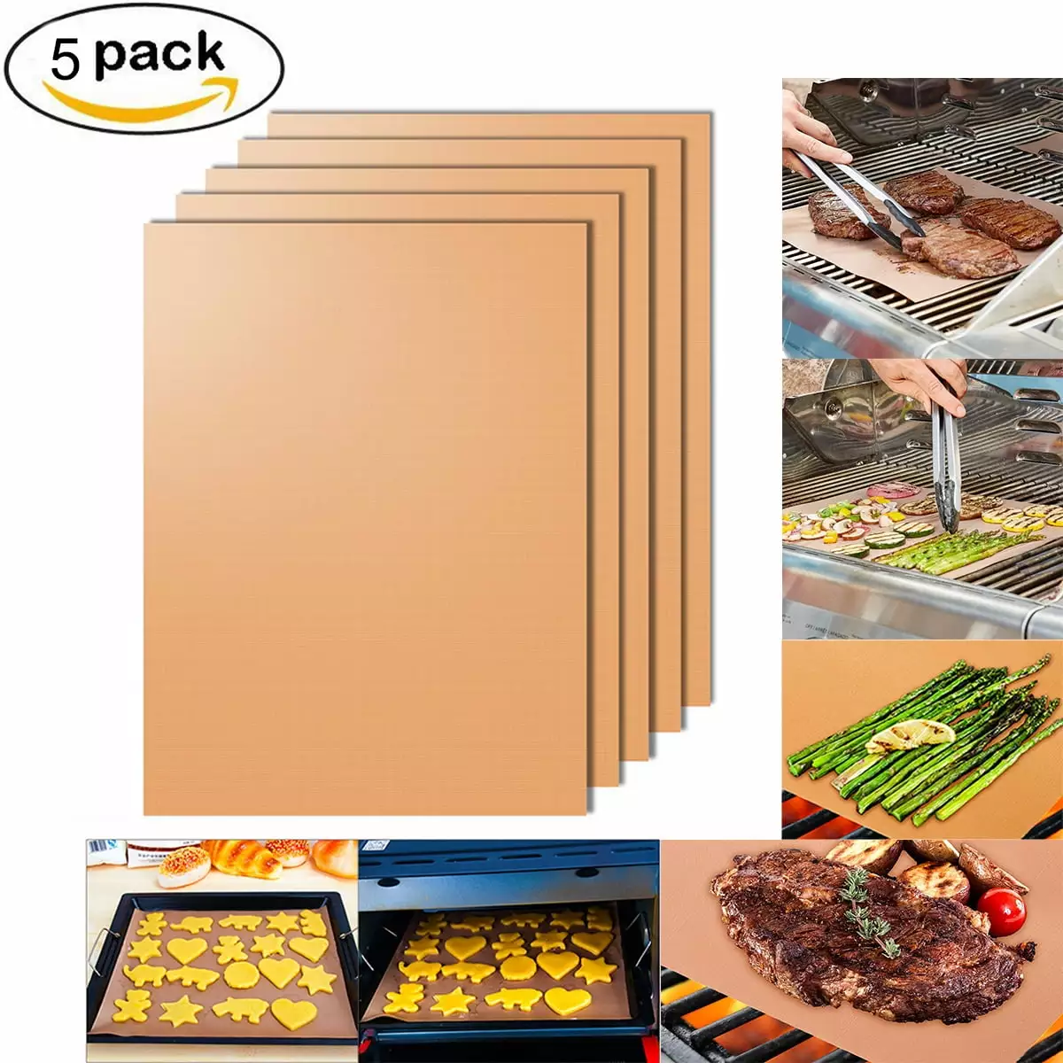 Triani Grill Mat Set 5 Heavy Duty BBQ Grill Mats Non Stick BBQ Grill & Baking Mats Reusable Easy to Clean Barbecue Grillin...