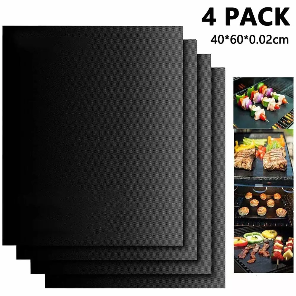 4pcs BBQ Extra Large Grill Mat Set 60x40cm Non Stick Food Grade Red Silicone Brushes and 9 Inch Food Clips