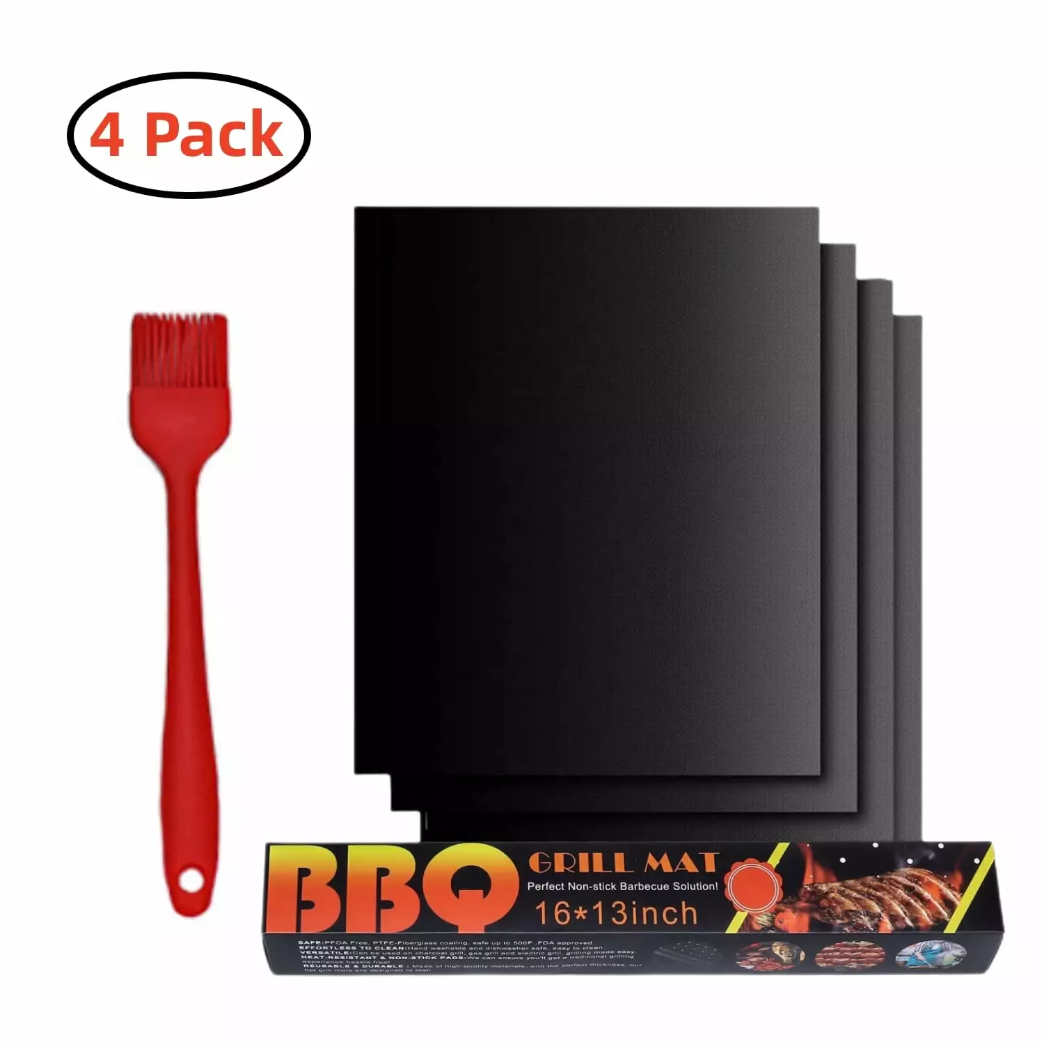 4 PCS Nonstick BBQ Grill Mats Silicone Brush Oven Mat 13x15.75 Inches Reusable Barbecue Accessories