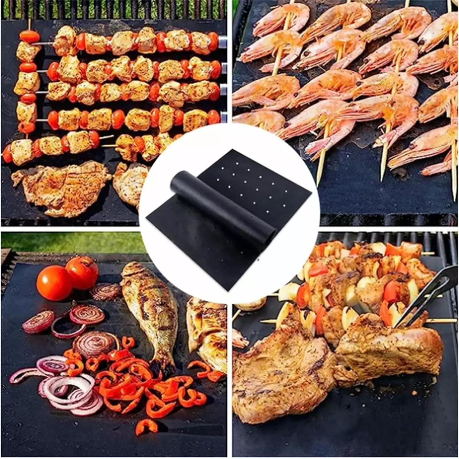 VogueV 2023 Upgraded Non-Stick BBQ Grill Mat Holes Reusable Easy to Clean Includes Silicone Basting Brush One