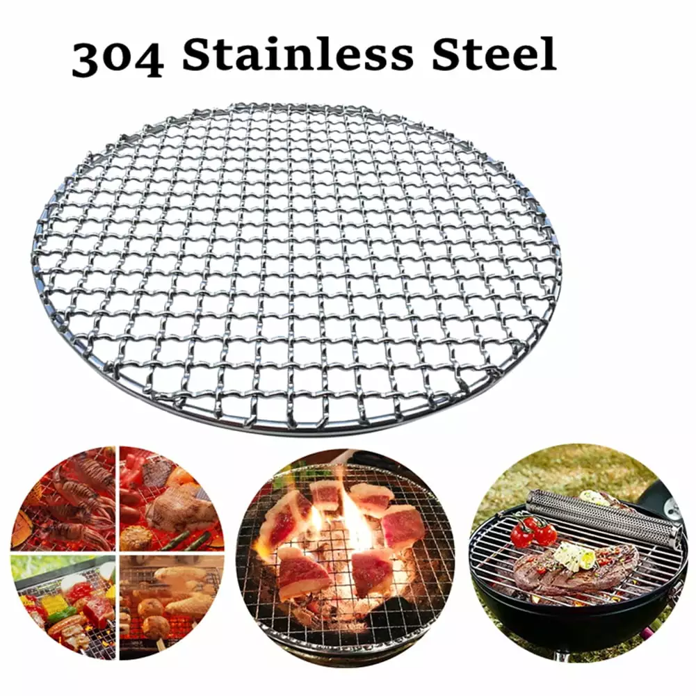 Yesbay Round Stainless Steel BBQ Grill Roast Mesh Net Non-stick Barbecue Baking Pan 30.5cm Handle