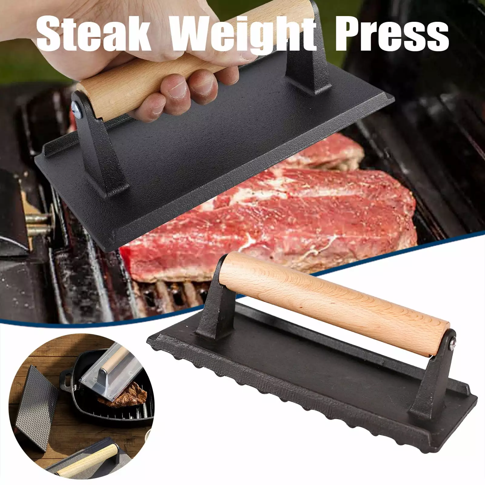 Iron Grill Weight Press Wooden Handle 8x4 Inch Paninis Sandwiches