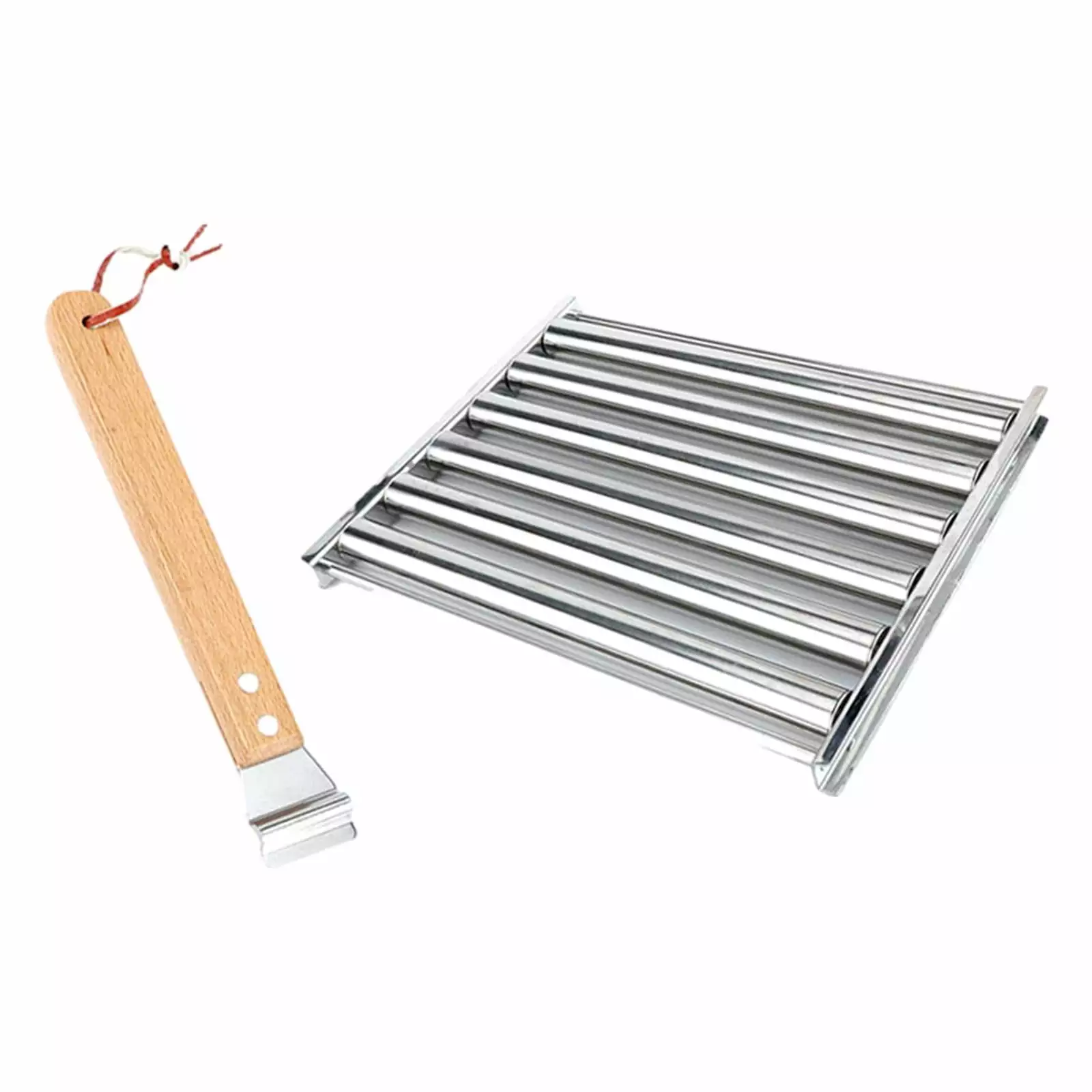 Hot Dog Roller Grill Rack Wood Handle - Evenly Cooked Sausage and Bratwurst Outdoor BBQ L