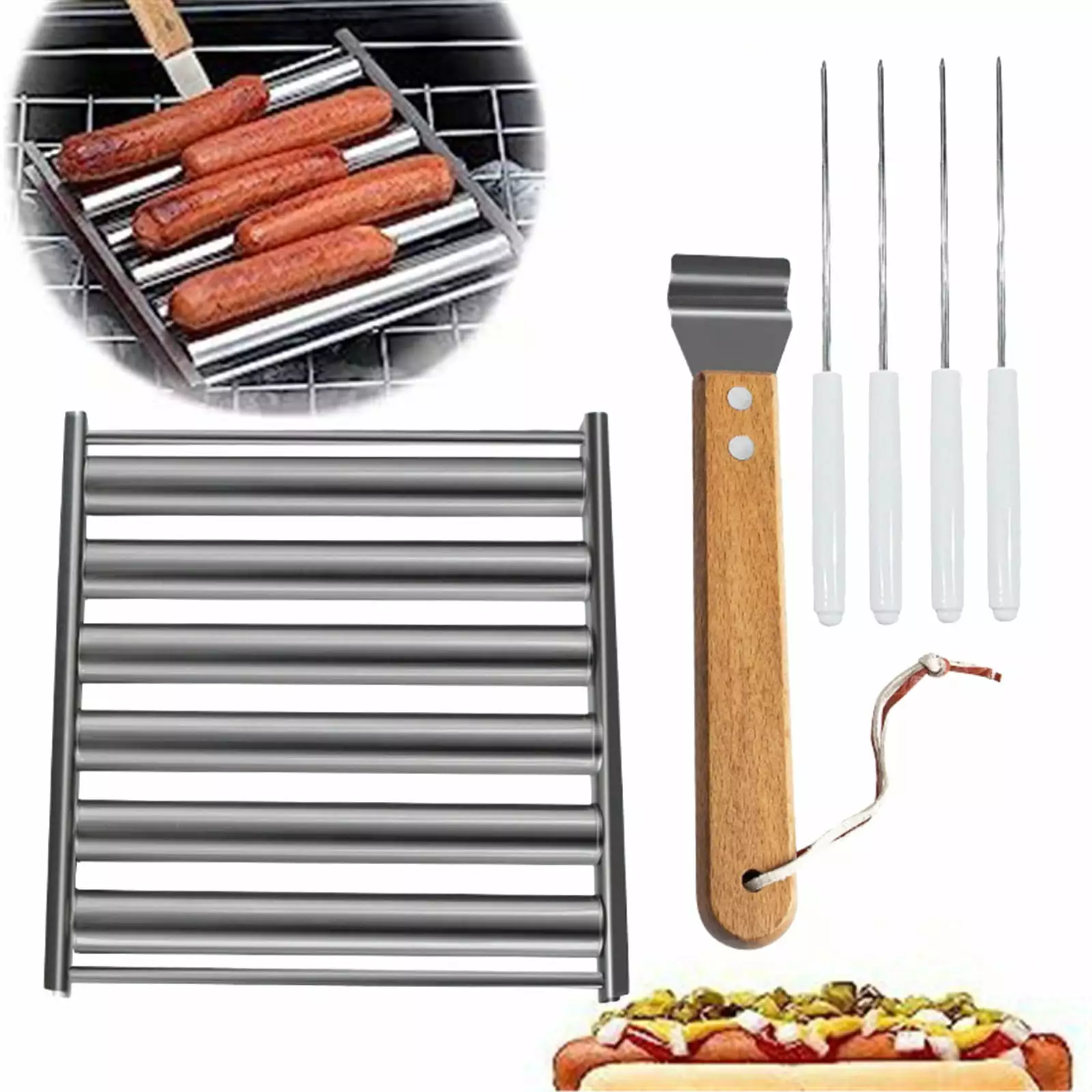 2024 New Stainless Steel BBQ Hot Dog Roller Grill Wooden Handle 5 Capacity Outdoor Camping