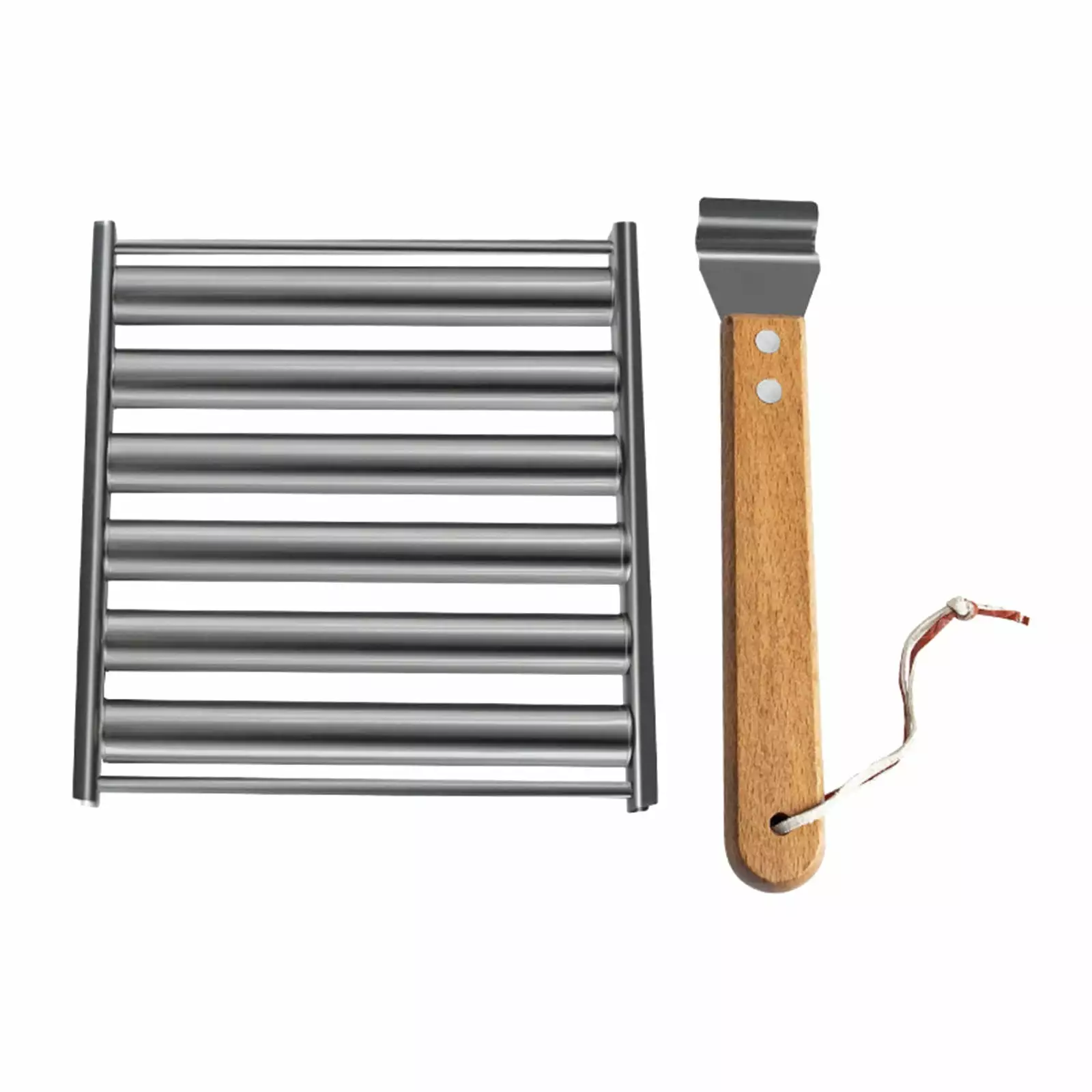 2024 New Stainless Steel BBQ Hot Dog Roller Grill Wooden Handle 5 Capacity Outdoor Camping