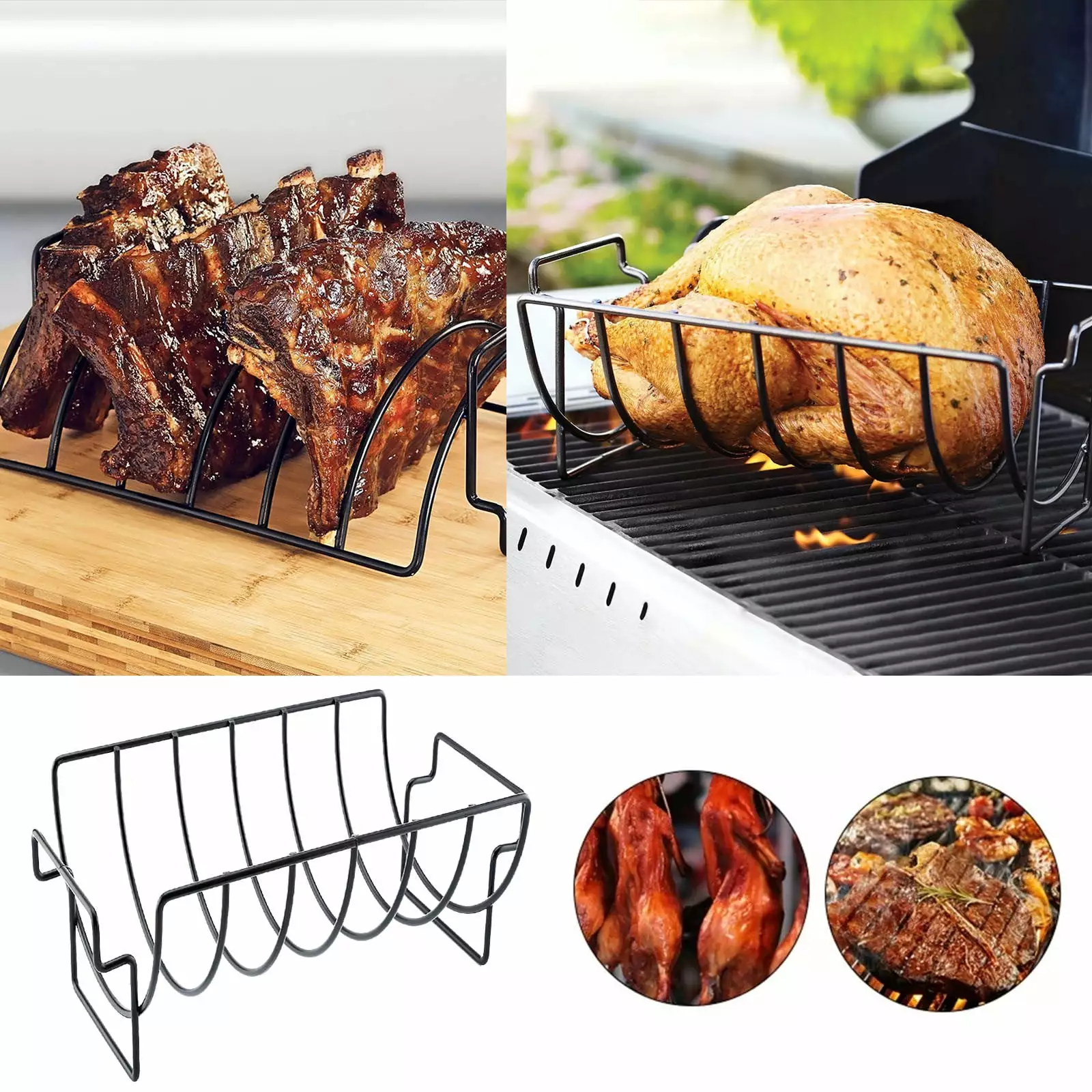 xiaohunike BBQ Rib Rack Gas or Charcoal Grill Non-Stick Holds 5 Ribs Grilled Chicken Meat BBQ Accessories