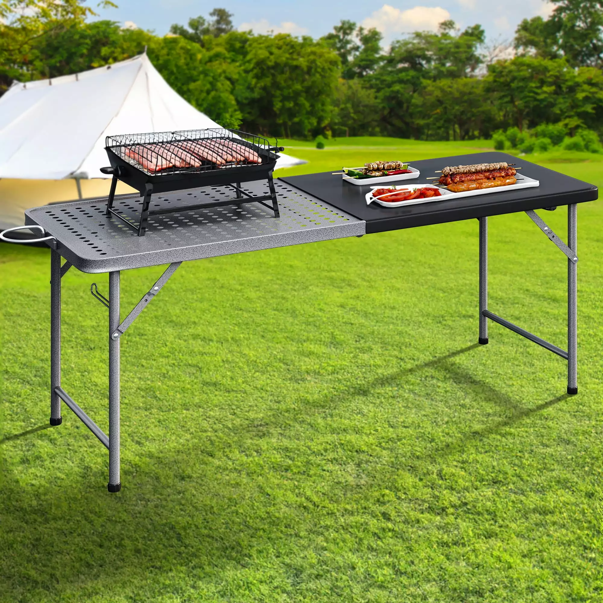 Dextrus 6Ft Travel-friendly Folding Grill Table 2--1 Design Metal Outdoor Table Mesh Surface Camping BBQ Picnic Black