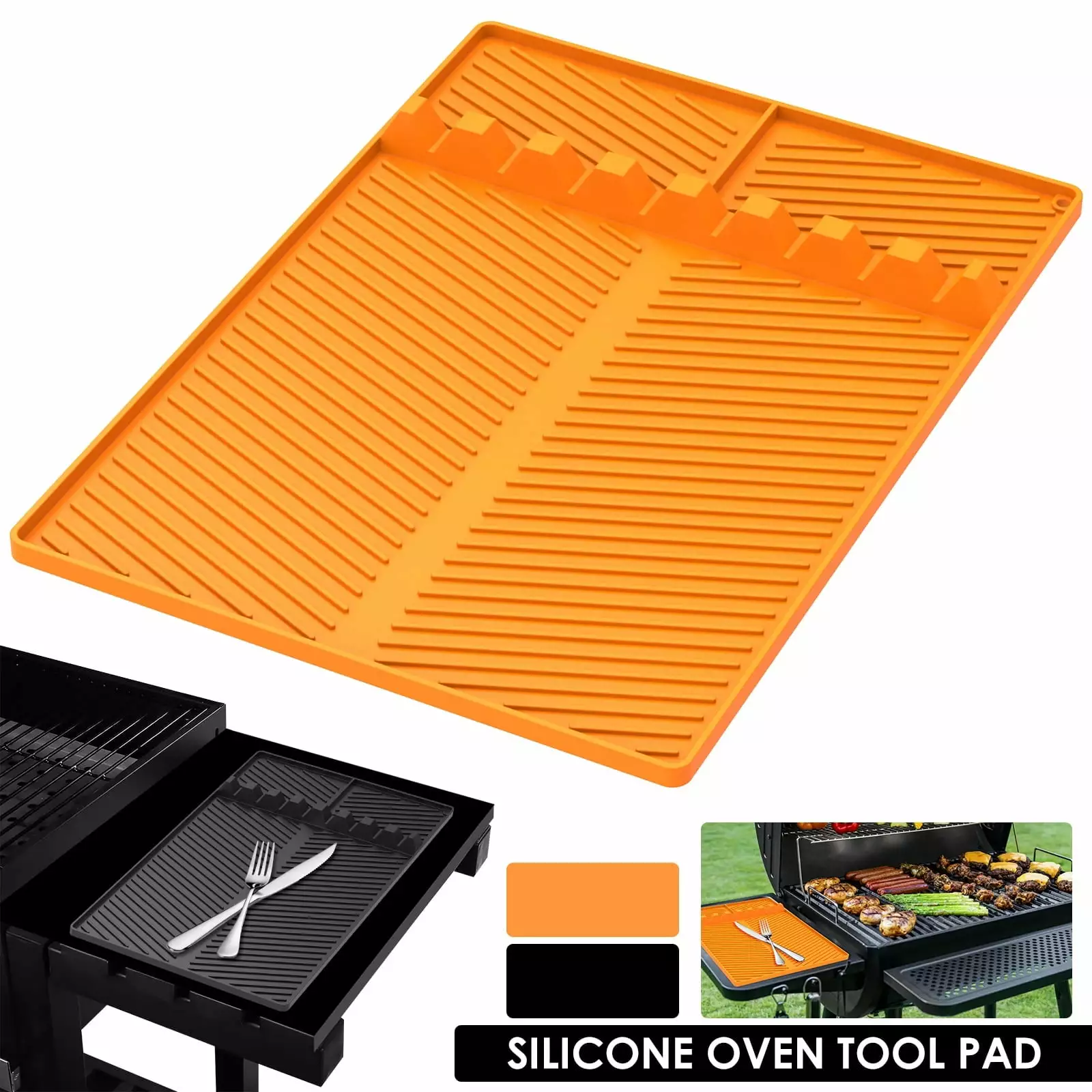 Jetcloudlive Grill Side Shelf Mat Silicone Griddle Tool Mat 8 Slot Anti-Slip Grill Holder Pad Heat-Resistant BBQ Utensil Mat