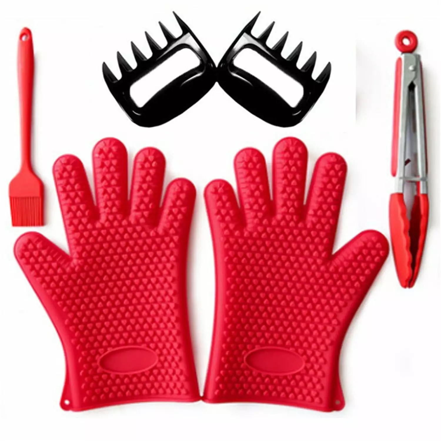 Jademall 6-Piece BBQ Grill Tool Set - Non-Stick Meat Claws, Brush, and Cooking Glove Red