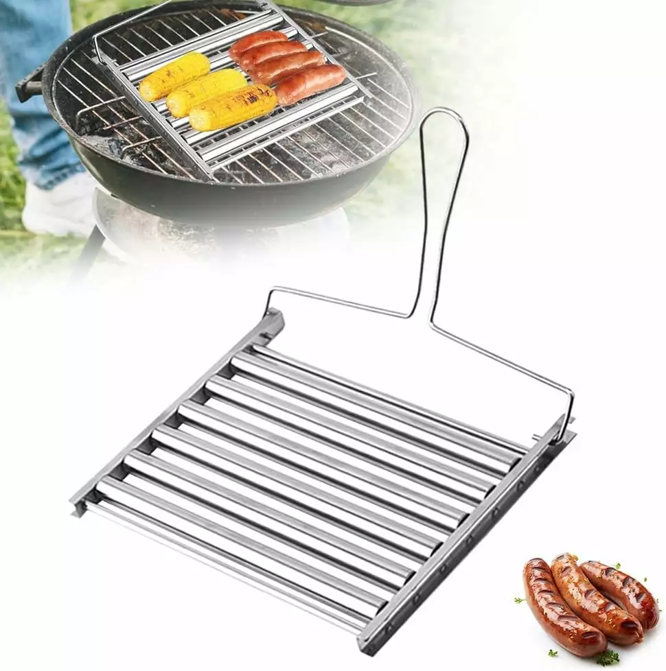 Aminojy Foldable Stainless Steel Sausage Roller Rack Evenly Cooked Hot Dogs Outdoor BBQ
