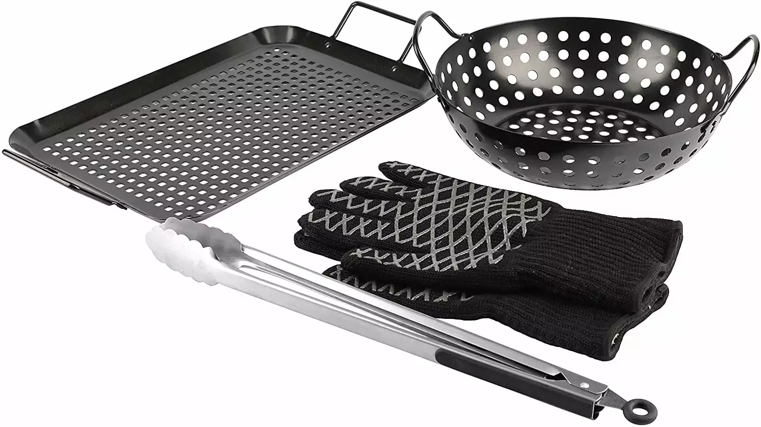 PitMaster King 5pc Grill Topper BBQ Grilling Matte Black Pan and Tray Set Tongs and Heat Resistant Gloves