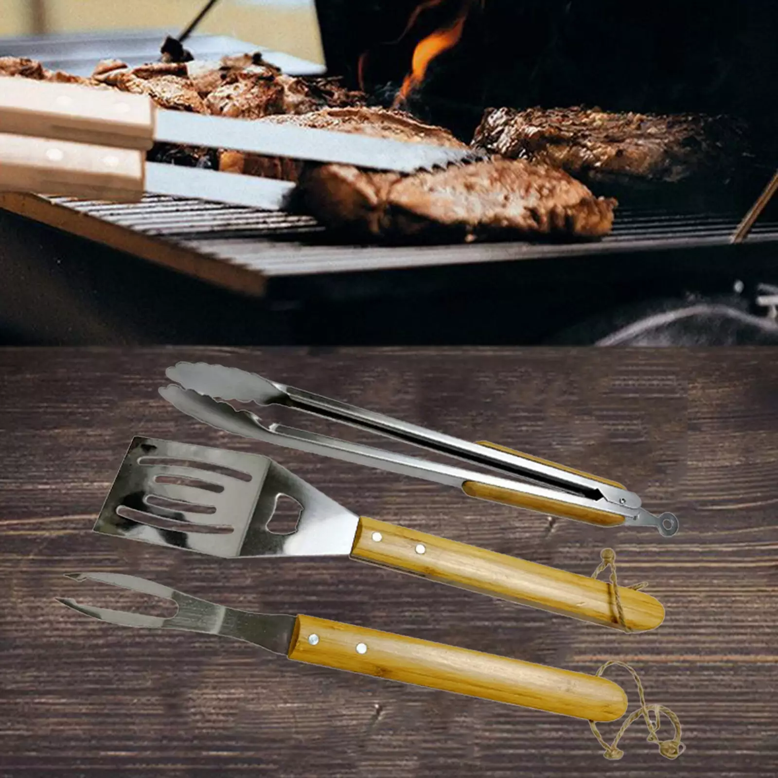 LHWEN Stainless Steel 3-Piece Grill Set Heat Resistant Handles BBQ One