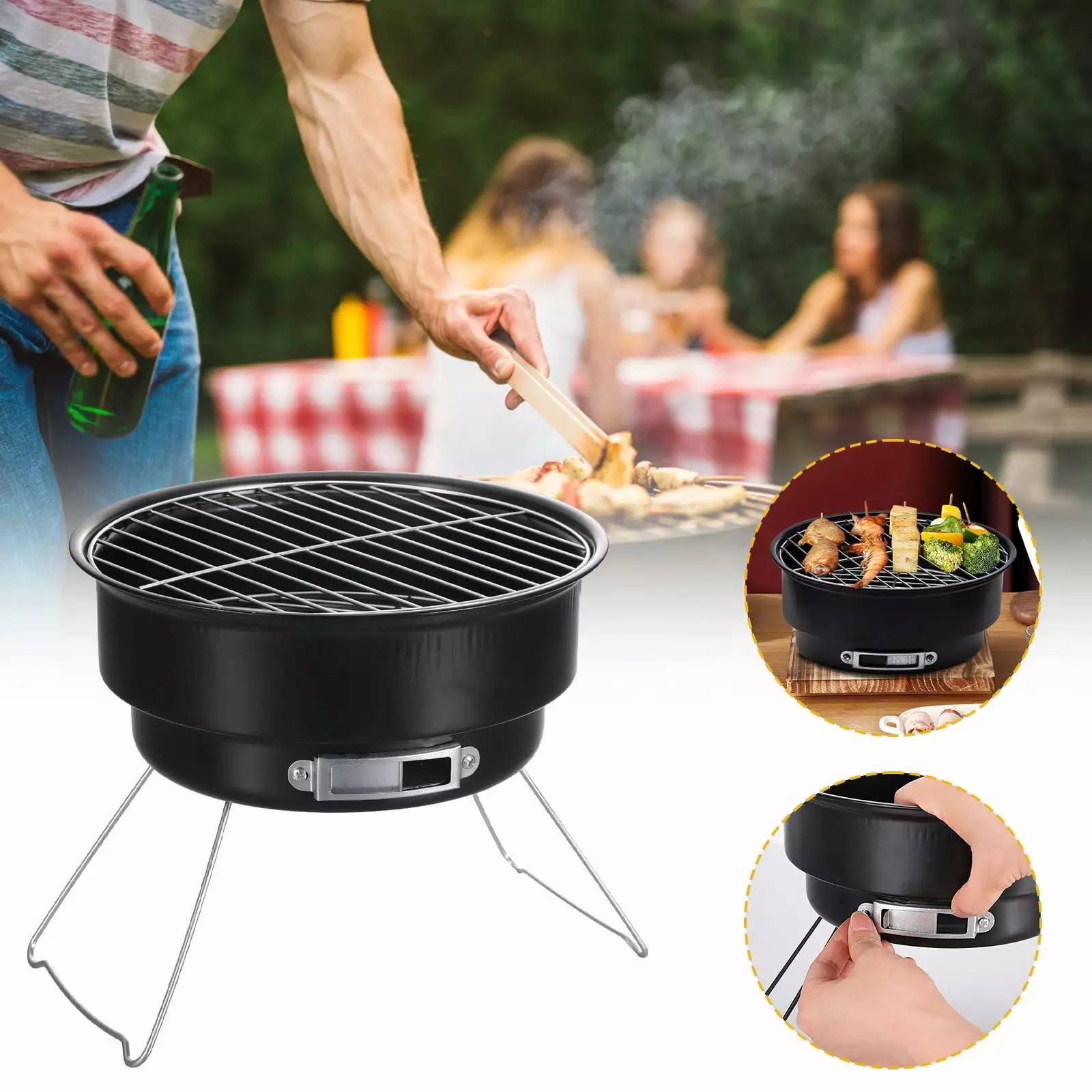 KFIWSZC Round Barbecue Grill Outdoor Stainless Steel Folding Ice Pack Oven BBQ One