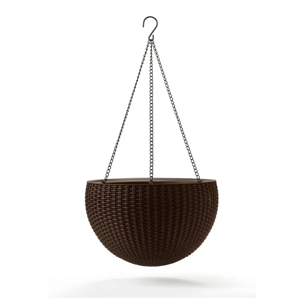 Keter Sphere Hanging Round Planter Chain Taupe Flower Pot on Chain 35cm Rattan Style