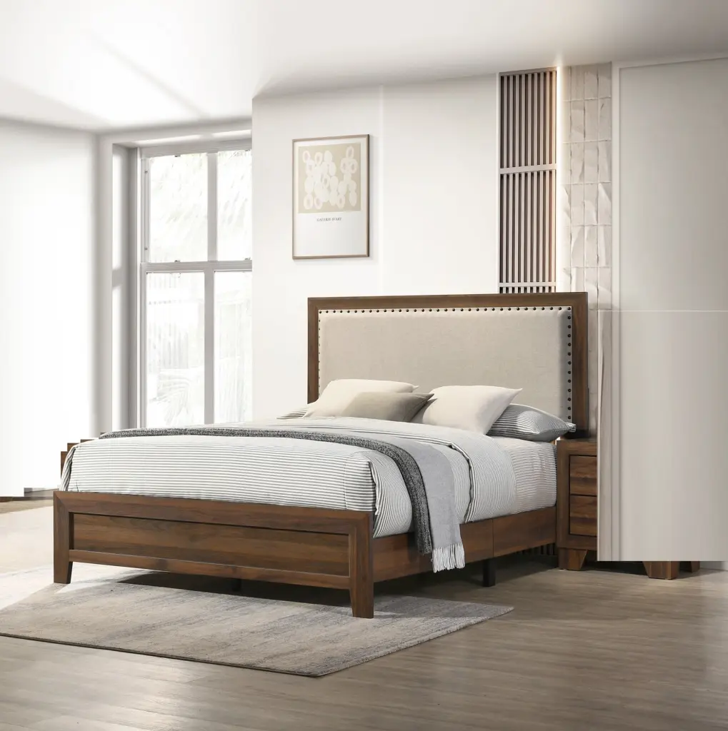 Brown Cherry Finish Upholstered Headboard Tufted Trim Full Size kanepe