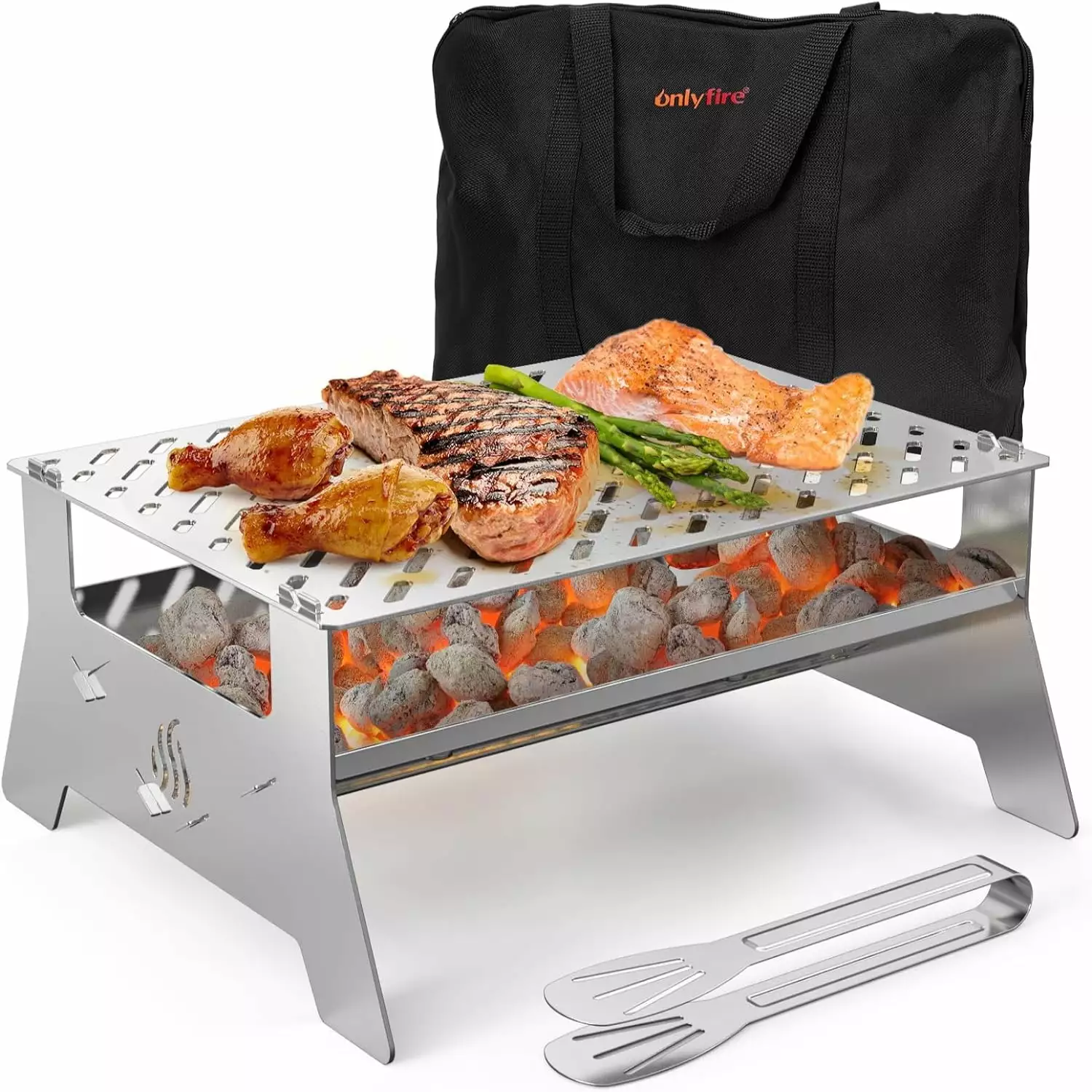 Onlyfire Travel-friendly Charcoal Grill Heavy Duty Stainless Steel Foldable Barbecue Grill Carry Bag and BBQ Tong