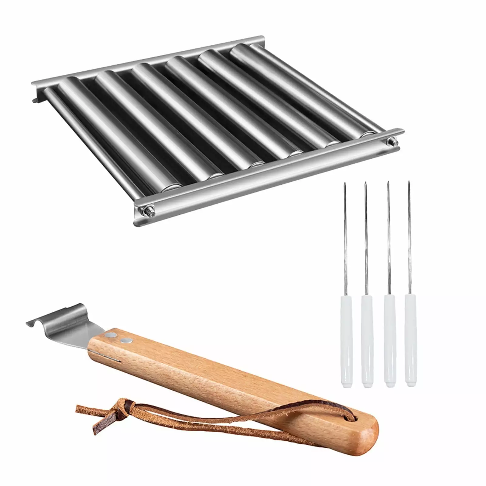 Stainless Steel BBQ Hot Dog Griller Long Wood Handle Camping X