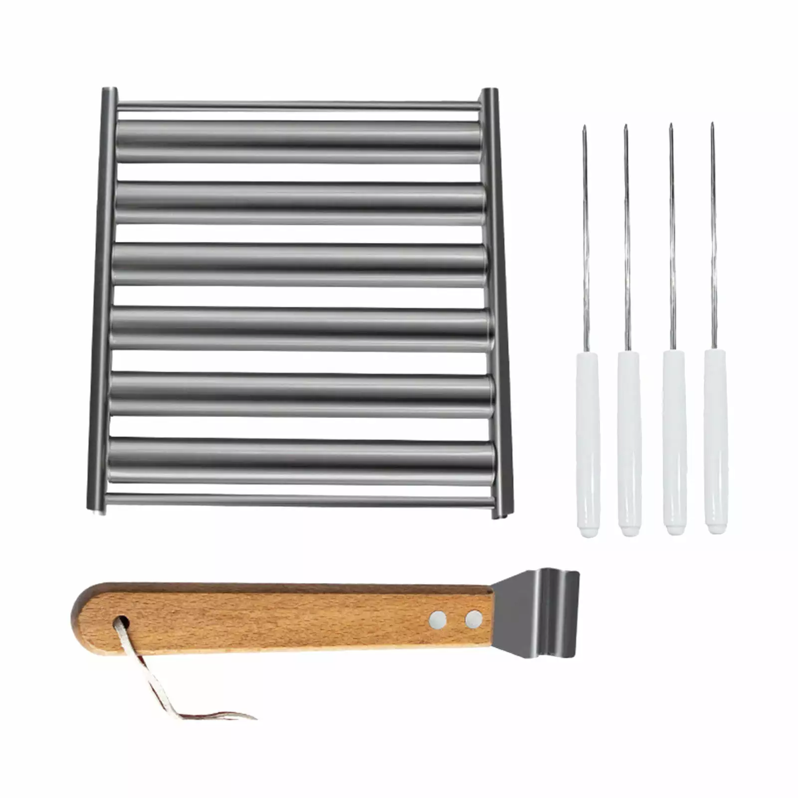 Wefuesd Charcoal Grillshot Dog Roller Grill 2024 New Stainless Steel BBQ Hot Dog Rack Wooden Handle 5 Hot Dog Capacity Sau...