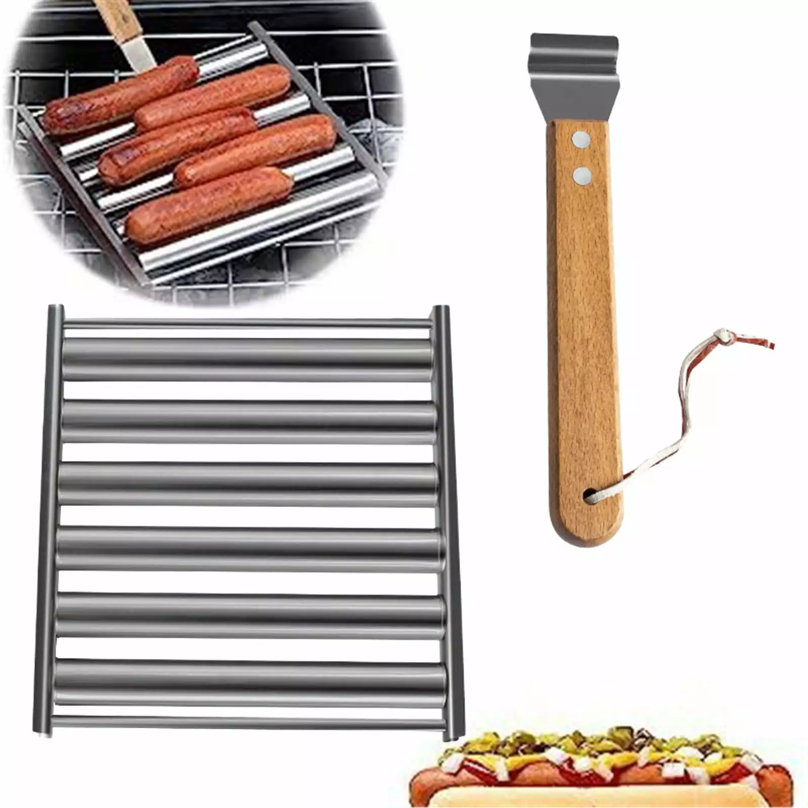 Hunei 2024 New Stainless Steel BBQ Hot Dog Roller Grill Wooden Handle 5 Hot Dog Capacity Outdoor Camping