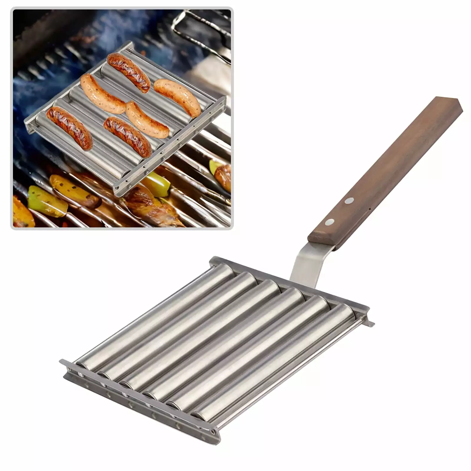 Wharick 10 Pack Sausage Roller Rack Extra Long Wood Handle BBQ and Picnic 5 Hot Dog Capacity