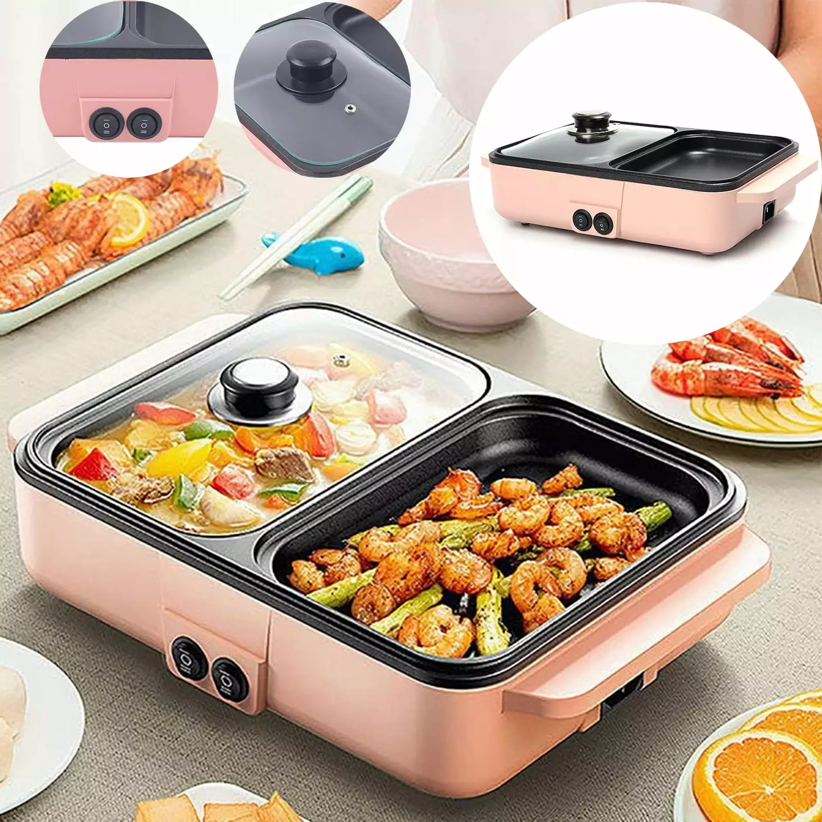 OhhGo Hot Pot Grill 2 1 Indoor Non-Stick Electric Hot Pot and Frying Pan Smokeless Korean BBQ Grill