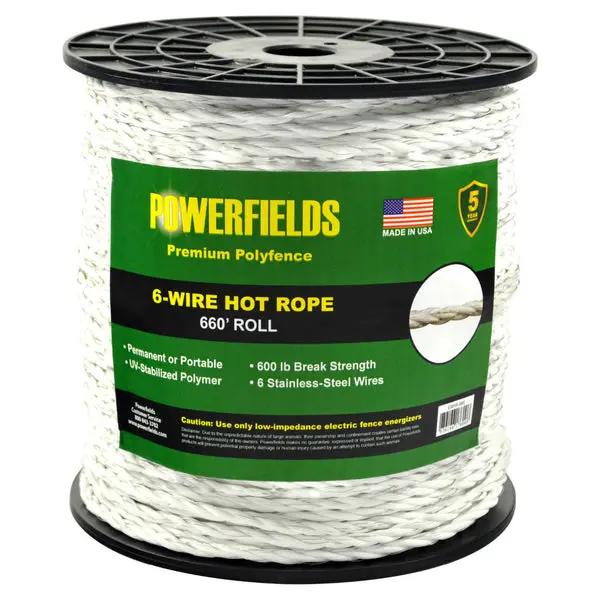 Powerfields EWHR-660 Premium Polyfence 6-Wire Hot Rope White 0.25 Inch x 660 Feet