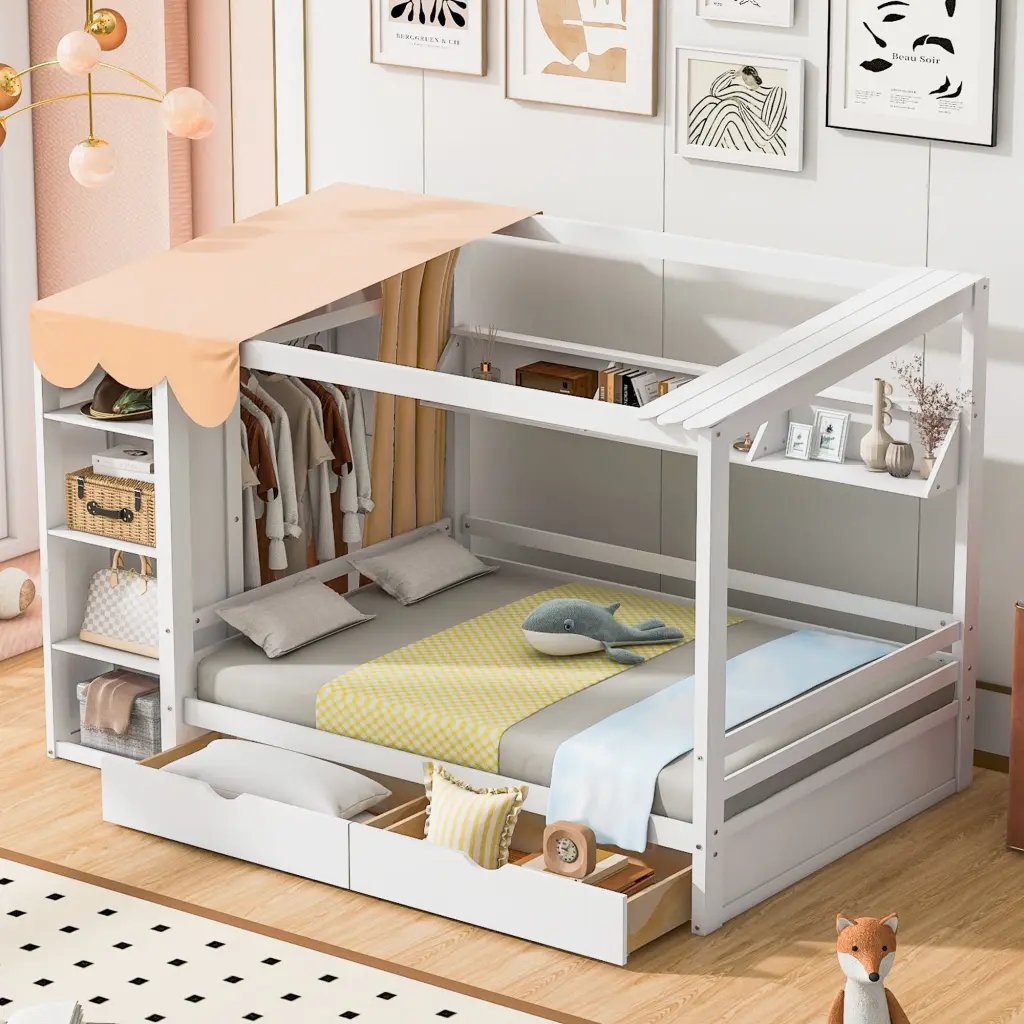 Full Dimensions House Bed Two Drawers And Wardrobe White Full White Solid Kids Bedroom Furniture lucky furniture