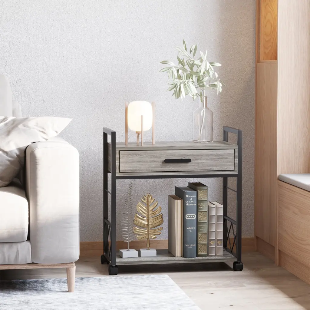 HOMCOM Industrial End Table Drawer Mobile Side Table 4 Wheels Grey