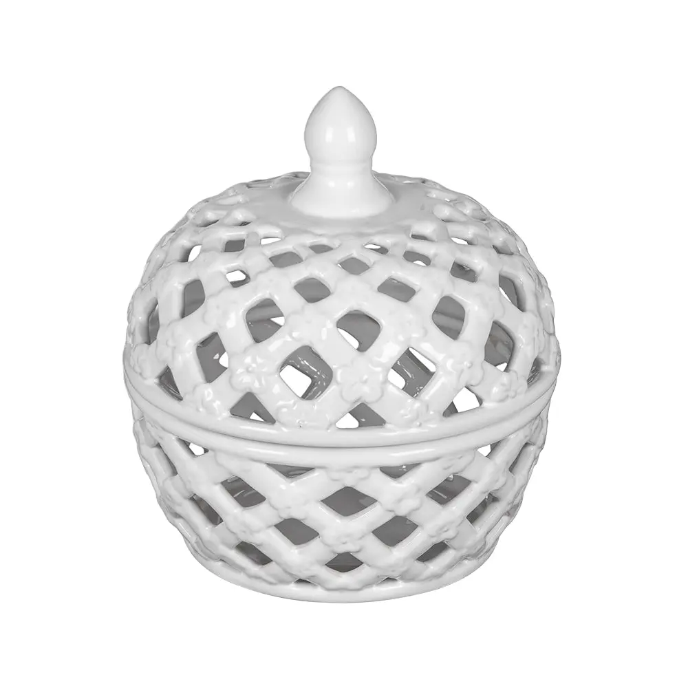 D8X9.5 Inch White Porcelain Lidded Jar Lattice Design Home Decor w2078