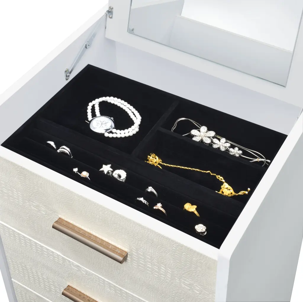White, Champagne And Precious Metal 4 Drawer Jewelry Armoire Lift Top Mirror furniture max