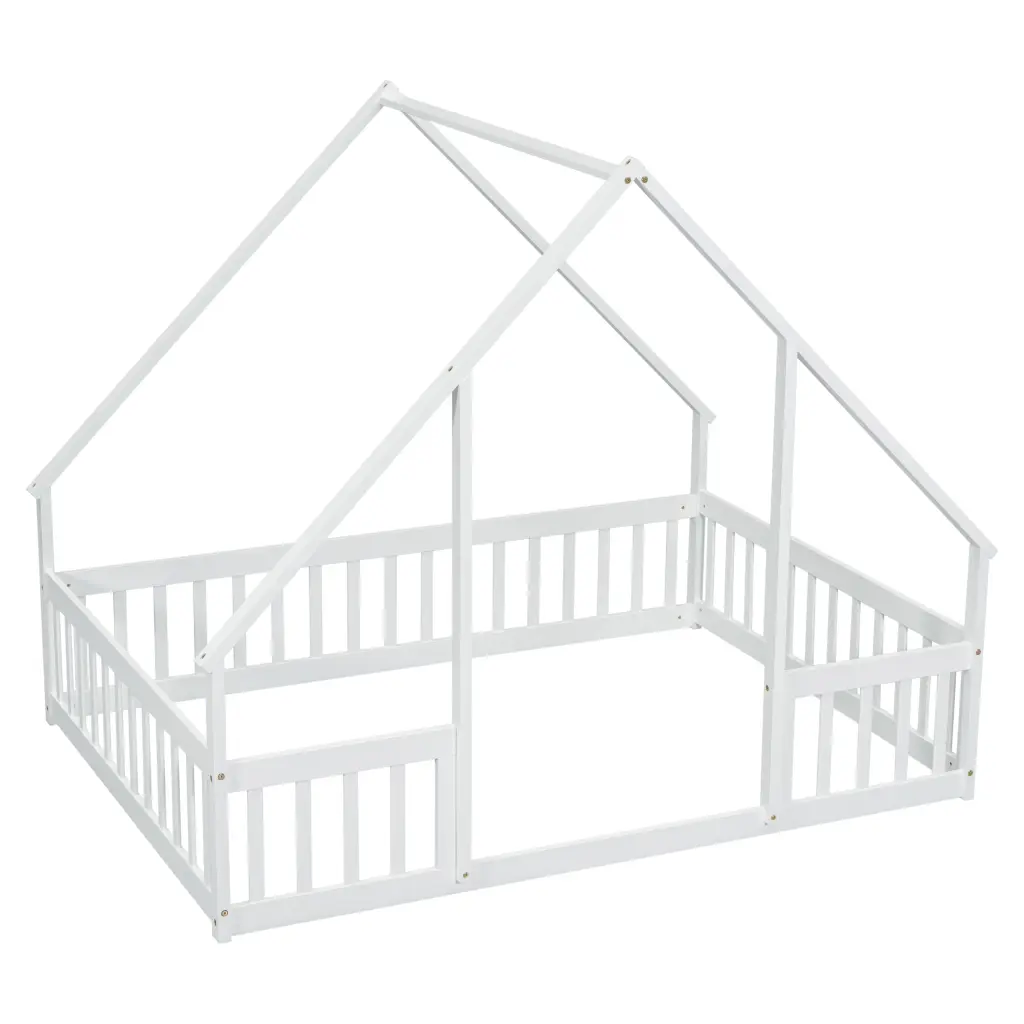 Full Size Timber House Shaped Floor Bed Fence Guardrails White Finish inspirit
