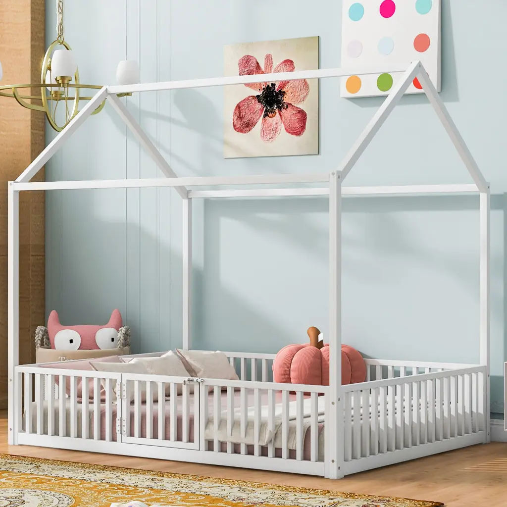 Full Dimensions Metallic House Bed Fence And Door White Kids Room wm dreamland